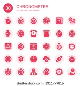 chronometer icon set. Collection of 30 filled chronometer icons included Chronometer, Stopwatch, Timer, Wall clock, Clocks, Watch, Measuring glass, Time, Stopclock