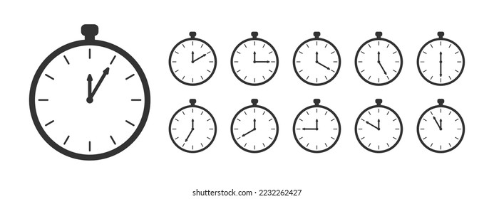 Chronometer-Symbole. Countdown-Timer oder Stoppuhr-Symbole gesetzt. Uhren mit unterschiedlichen Minutenzeitintervallen. Infografik für Kochunterricht oder Sportspiel. Vektorgrafik-Illustration