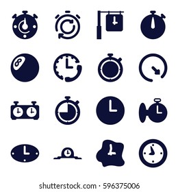 chronometer icons set. Set of 16 chronometer filled icons such as clock, wall clock