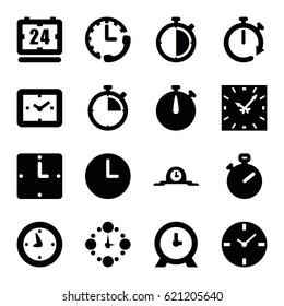 Chronometer icons set. set of 16 chronometer filled icons such as clock, wall clock