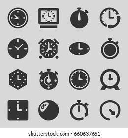 Chronometer icons set. set of 16 chronometer filled icons such as clock, wall clock
