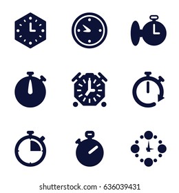 Chronometer icons set. set of 9 chronometer filled icons such as clock, wall clock
