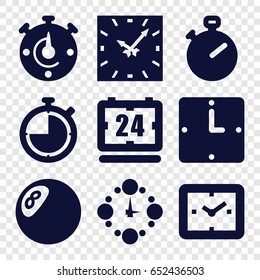 Chronometer icons set. set of 9 chronometer filled icons such as wall clock, clock