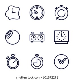 chronometer icons set. Set of 9 chronometer outline icons such as clock, wall clock