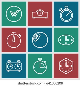 Chronometer icons set. set of 9 chronometer outline icons such as wall clock, clock