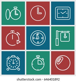Chronometer icons set. set of 9 chronometer outline icons such as clock, wall clock