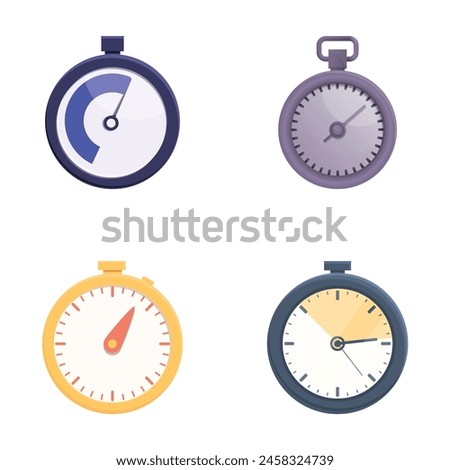 Chronometer icons set cartoon vector. Various type of stopwatch. Time measurement for sport