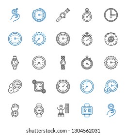 chronometer icons set. Collection of chronometer with wall clock, watch, timer, stopclock, time, stopwatch. Editable and scalable chronometer icons.