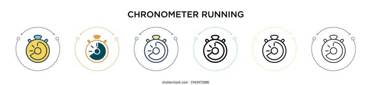 Chronometer running icon in filled, thin line, outline and stroke style. Vector illustration of two colored and black chronometer running vector icons designs can be used for mobile, ui, web