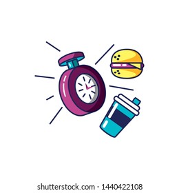 chronometer time with hamburger and drink bottle
