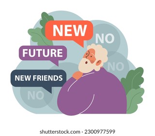 Cronofobia. Carácter con miedo al futuro. o no me gusta nada nuevo. Mentalidad fija, emoción negativa sobre el futuro. Frustración y represión. Ilustración vectorial plana