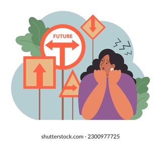 Chronophobia. Character afraid of future. or dislike of anything new. Fixed mindset, negative emotion about future. Frustration and suppression. Flat vector illustration