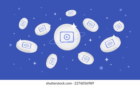 Chrono.tech (TIME) coins falling from the sky. TIME cryptocurrency concept banner background.