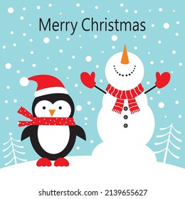 Chrsitmas card, gift bag or box design with cute penguin and snowman