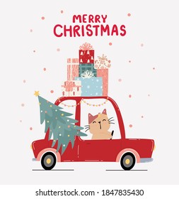 Chrsitmas cat riding a car with Christmas tree and stack of present gift box on roof, merry Christmas, idea for greeting card, wall art, t shirt, printable apparels