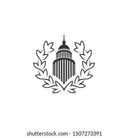 Chruch with laurel wreath frame logo design vector template