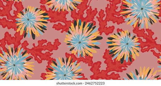 Chrynanthemums. Stylized fantasy flowers and leaves in Japanese style vector seamless pattern spring motifs ornament. Retro style.