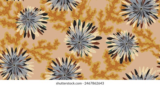 Chrynanthemums. Stylized fantasy flowers and leaves in Japanese style vector seamless pattern spring motifs ornament. Retro style.