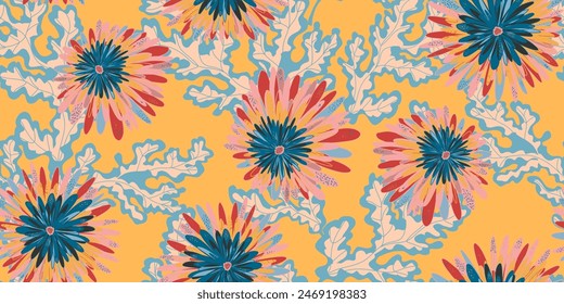 Chrynanthemums. Stylized fantasy flowers and leaves in Japanese style vector seamless pattern spring motifs ornament. Retro style.