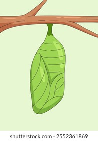 Chrysalis on a Branch: A delicate green chrysalis hangs from a slender branch, symbolizing transformation, growth, and the promise of new beginnings. 