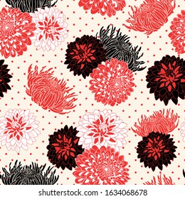 Chrysanthemum black and red seamless pattern