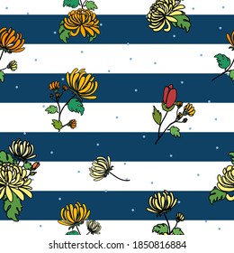 Chrysanthemum bouquets, cartoon black outline illustration, orange and yellow flowers,  over blue stripes background seamless pattern	