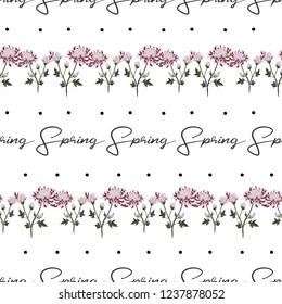 Chrysanthemum branch and spring quote pattern. Floral vector seamless polka-dot background. Pastel colored hand drawn flower illustration.