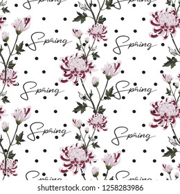 Chrysanthemum branch and spring quote pattern. Floral vector seamless polka-dot background. Pastel colored hand drawn flower illustration.