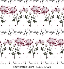 Chrysanthemum branch and spring quote pattern. Floral vector seamless polka-dot background. Pastel colored hand drawn flower illustration.