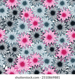 Chrysanthemum bright summer endless rapport. Rudbeckia daisy bloom with transparent petals. Creative garden flowers textile print. Feminine botanical ornament.