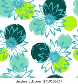 Chrysanthemum bright summer repeat rapport. Camomile daisy blossom over circles background. Doodle garden flowerheads linen pattern. Subtle botanical rapport.