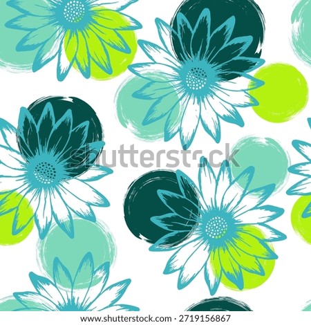 Chrysanthemum bright summer repeat rapport. Camomile daisy blossom over circles background. Doodle garden flowerheads linen pattern. Subtle botanical rapport.