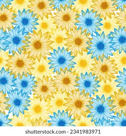 Chrysanthemum bright summer seamless rapport. Sunflower blossom with transparent petals. Doodle garden flowers vector wallpaper. Subtle botanical ornament.