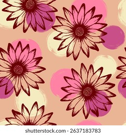 Chrysanthemum bright vector endless pattern. Camomile daisy blossom over circles background. Creative garden flowers vector wallpaper. Subtle botanical rapport.