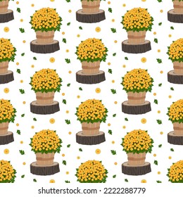 Chrysanthemum bush in wooden pot. Autumn decor seamless pattern