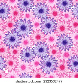 Patrón de repetición de verano colorido de crisantemo. La margarita de camomila florece con pétalos transparentes. Papel de pared vectorial de flores de jardín creativas. Fondo floral adorable.