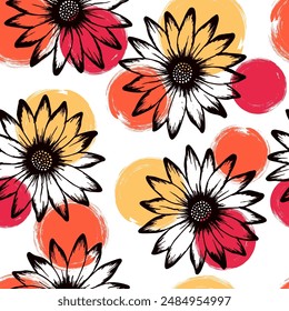 Chrysanthemum colorful vector repeat pattern. Osteospermum blossom over circles background. Creative garden flowerheads linen pattern. Feminine floral background.