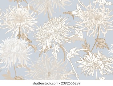 Chrysanthemum decorative flowers and leaves in art nouveau style, vintage, old, retro style. Seamless pattern, background. Vector illustration In vintage blue and beige colors