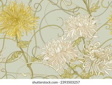 Chrysanthemum decorative flowers and leaves in art nouveau style, vintage, old, retro style. Seamless pattern, background. Vector illustration.