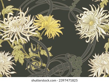 Chrysanthemum decorative flowers and leaves in art nouveau style, vintage, old, retro style. Seamless pattern, background. Vector illustration.