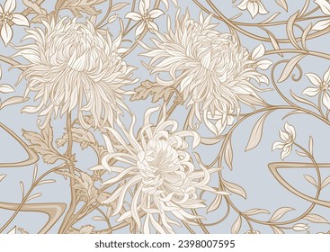 Chrysanthemum decorative flowers and leaves in art nouveau style, vintage, old, retro style. Seamless pattern, background. Vector illustration In vintage blue and beige colors