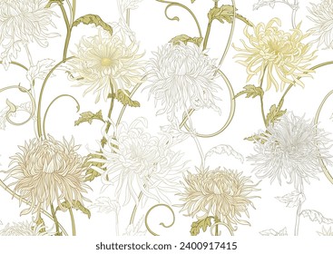 Chrysanthemum decorative flowers and leaves in art nouveau style, vintage, old, retro style. Seamless pattern, background. Vector illustration.