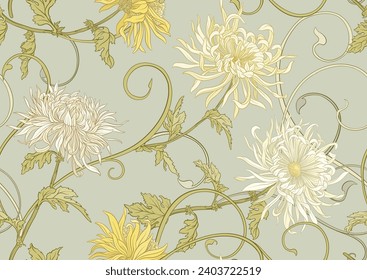 Chrysanthemum decorative flowers and leaves in art nouveau style, vintage, old, retro style. Seamless pattern, background. Vector illustration.