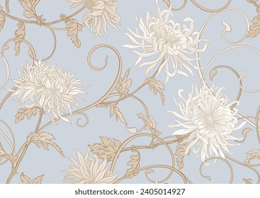 Chrysanthemum decorative flowers and leaves in art nouveau style, vintage, old, retro style. Seamless pattern, background. Vector illustration In vintage blue and beige colors