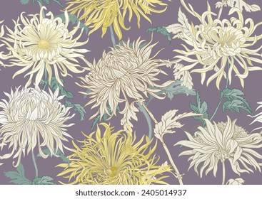 Chrysanthemum decorative flowers and leaves in art nouveau style, vintage, old, retro style. Seamless pattern, background. Vector illustration.