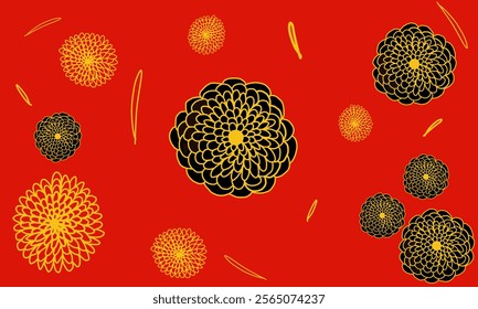 Chrysanthemum design with red background and gold edge