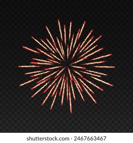 Chrysanthemum firework display realistic vector illustration. Red holiday blast in night sky 3d element on transparent background