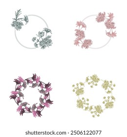 Chrysanthemum Flower circle frame. Hand drawn round line border, leaves and flowers, wedding invitation and cards, logo design and posters template. Elegant minimal style floral vector isolated 