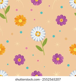 Chrysanthemum flower, cosmos flower, meteor, circle, colorful. Creme color background. Seamless pattern Vector.
