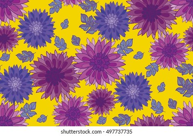chrysanthemum flower design element. aster floral decorative vector illustration. fall blossom repeatable motif on yellow. autumn seamless pattern
